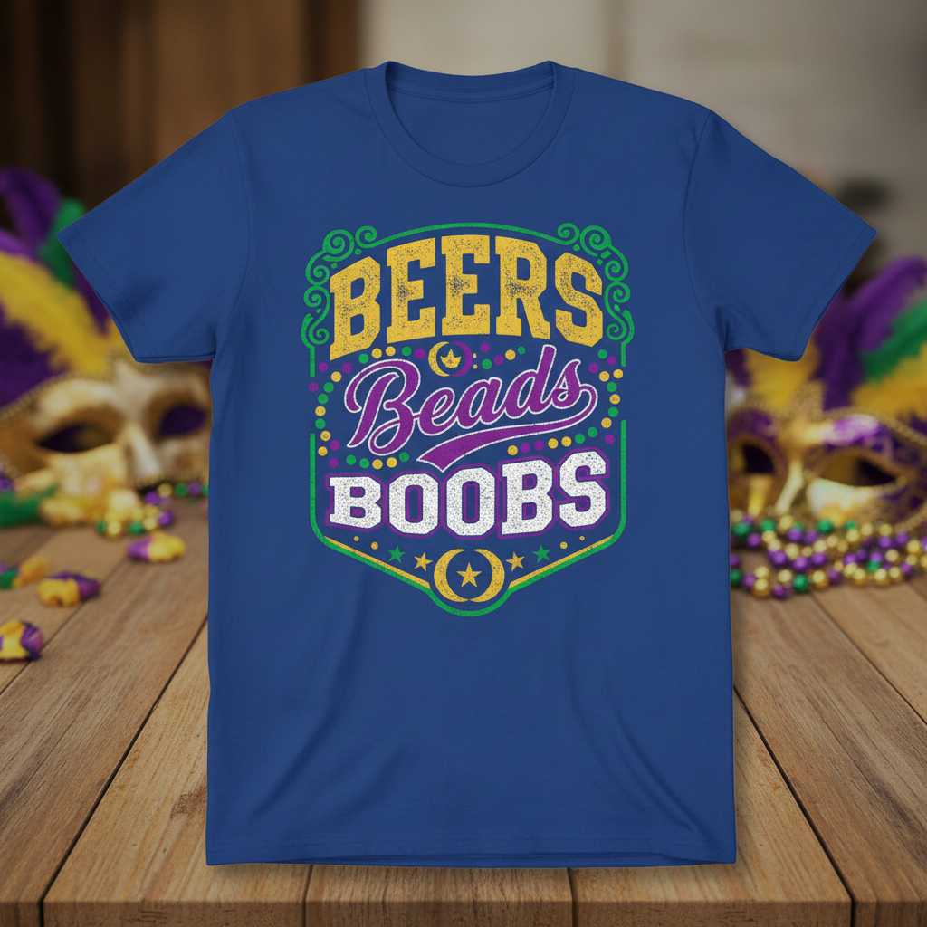 Beers Beads Boobs Mardi Gras Graphic T-Shirt Novelty Tee Party Outfit Gift