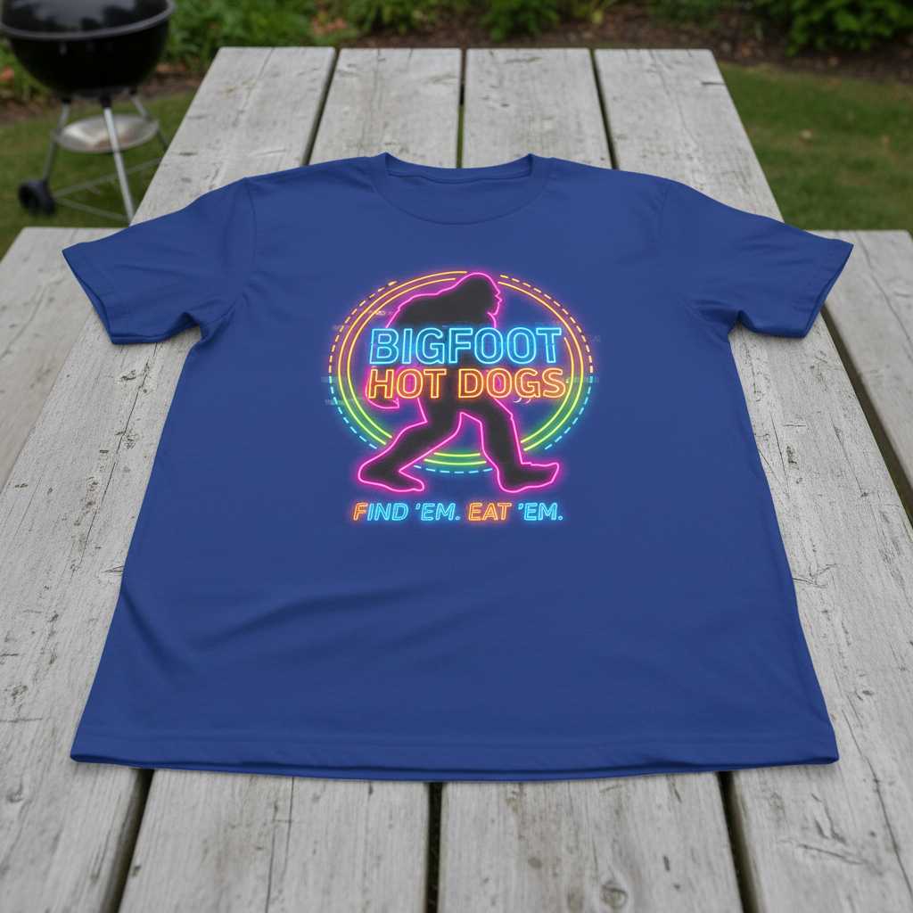 Bigfoot Hot Dogs Find ’Em Eat ’Em Graphic T-Shirt Novelty Tee Gift for Fans
