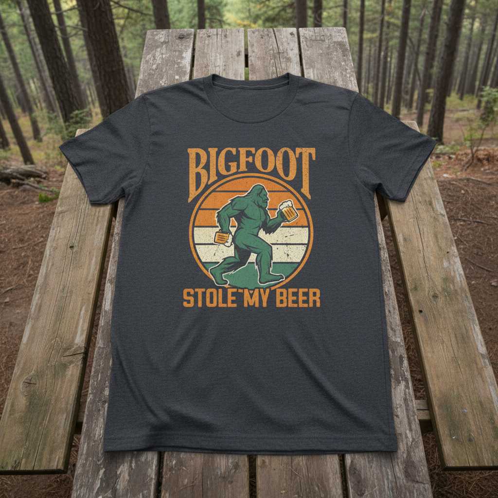 Bigfoot Stole My Beer Retro Funny Graphic T-Shirt Tee Novelty Drinking Gift