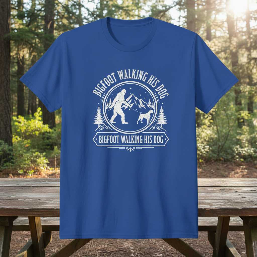 Bigfoot Walking His Dog T-Shirt Graphic Tee Novelty Gift for Sasquatch Fan