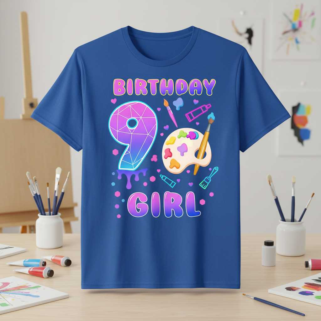 Birthday 9 Girl Art Party Graphic T-Shirt Tee Gift Present for Young Artist