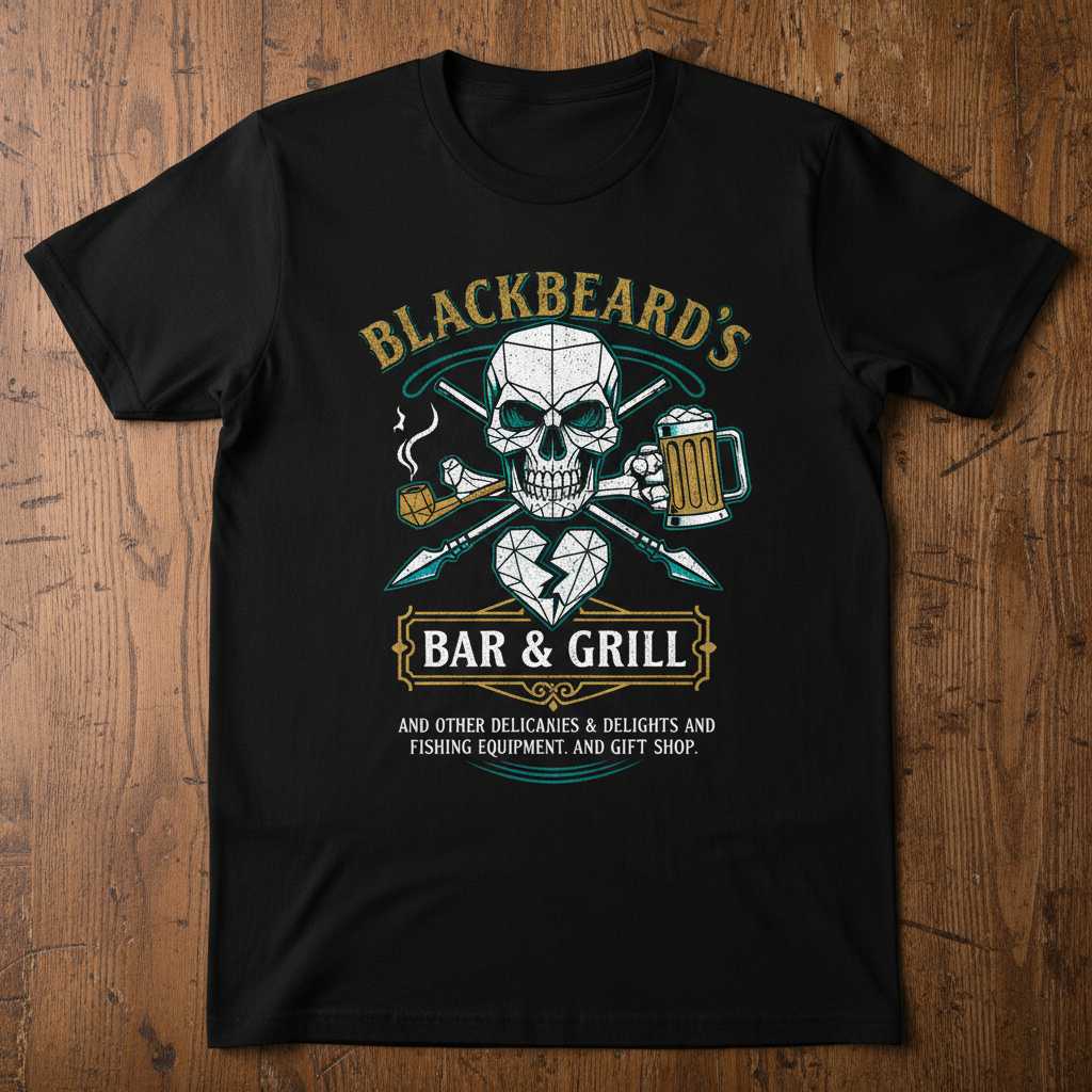 Blackbeard’s Bar & Grill Pirate Skull Graphic T-Shirt Novelty Tee Gift for Fans