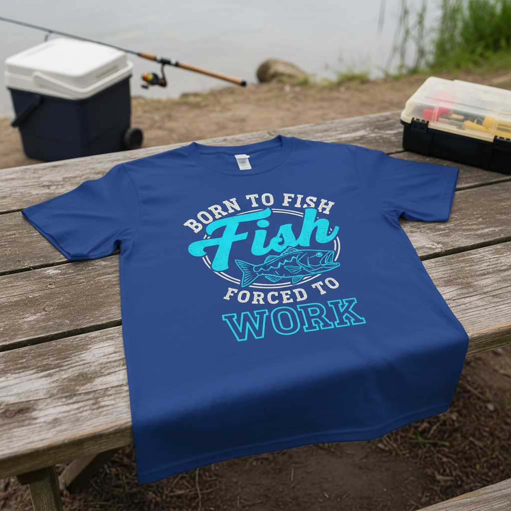 Born To Fish Forced To Work Graphic T-Shirt Fishing Tee Novelty Gift for Anglers