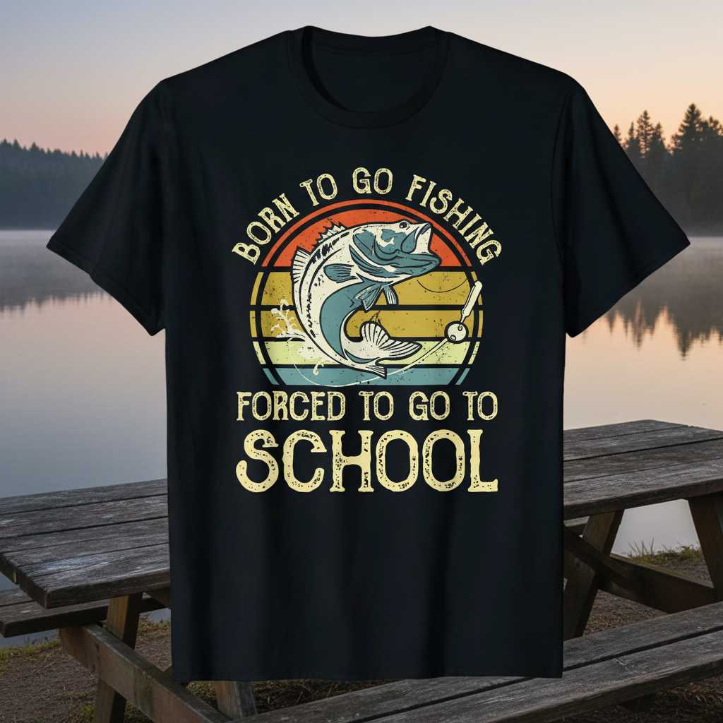 Born To Go Fishing Forced To Go To School Retro Graphic T-Shirt Tee Gift for Anglers