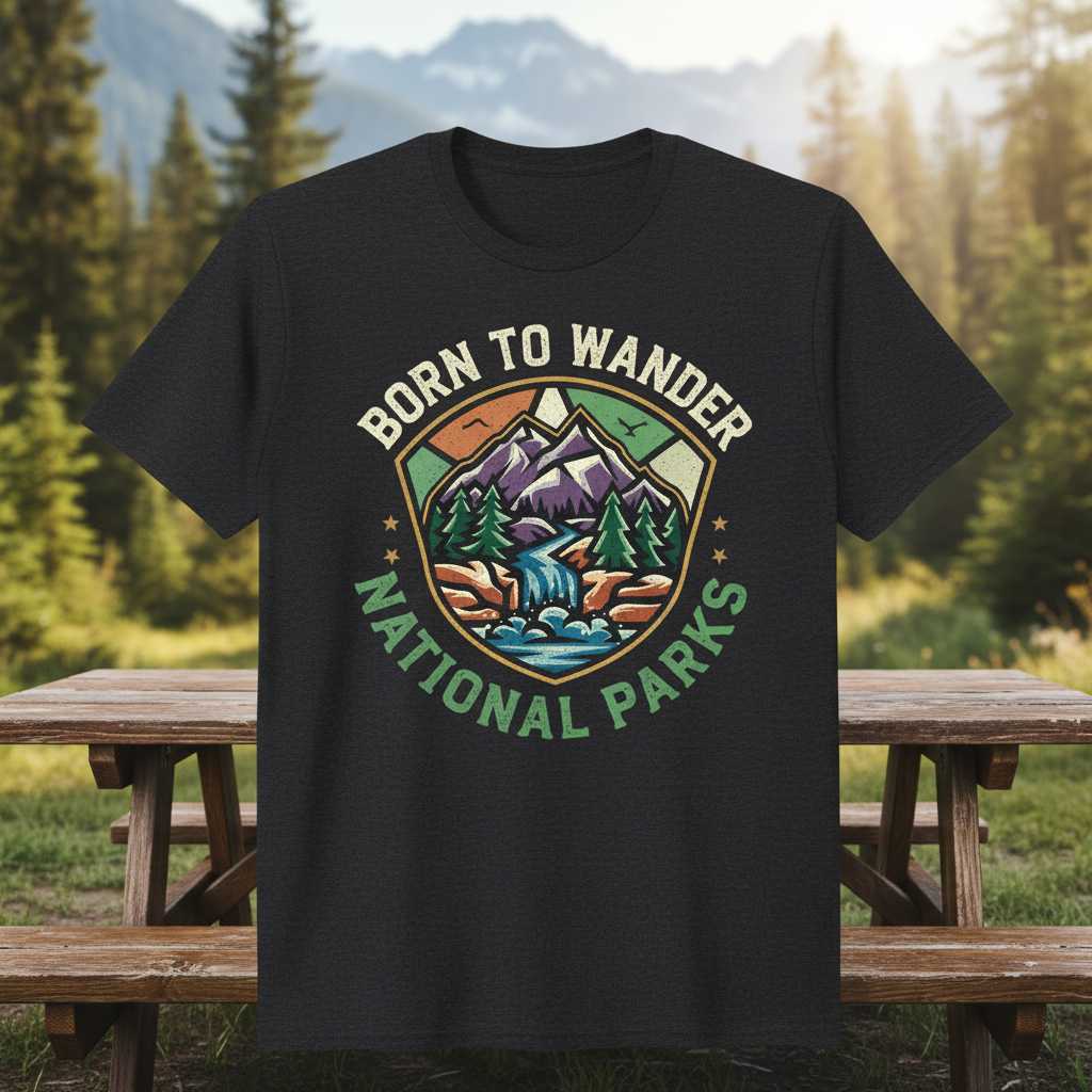 Born To Wander National Parks Graphic T-Shirt Retro Hiking Tee Gift for Outdoor Lovers