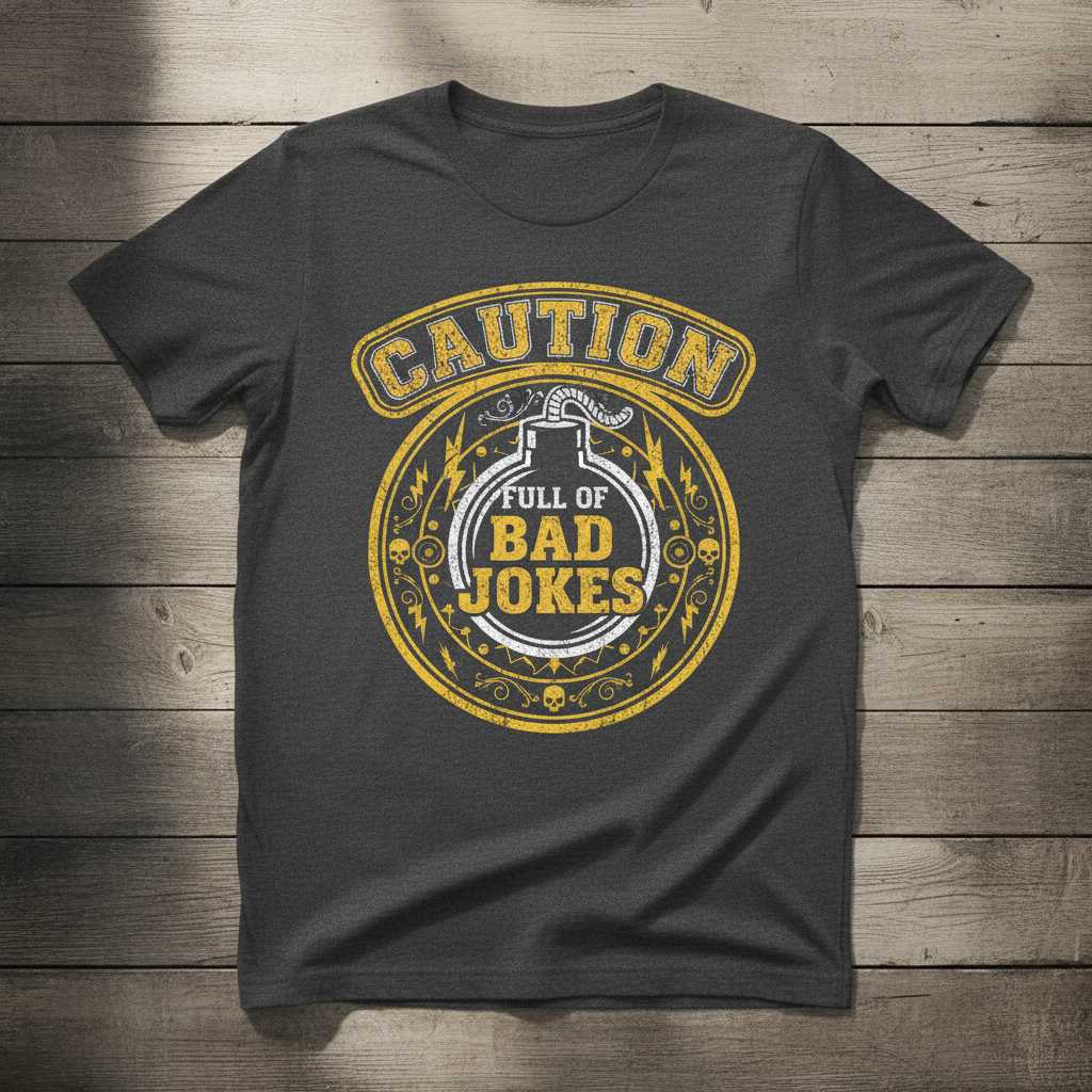 Caution Full of Bad Jokes T-Shirt Funny Graphic Tee Novelty Gift for Humor Fans
