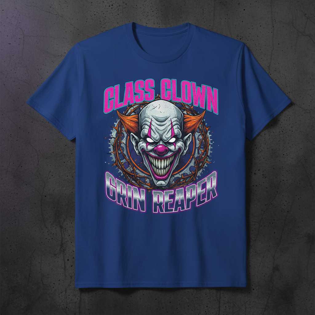 Class Clown Grin Reaper Graphic T-Shirt Creepy Clown Halloween Novelty Tee
