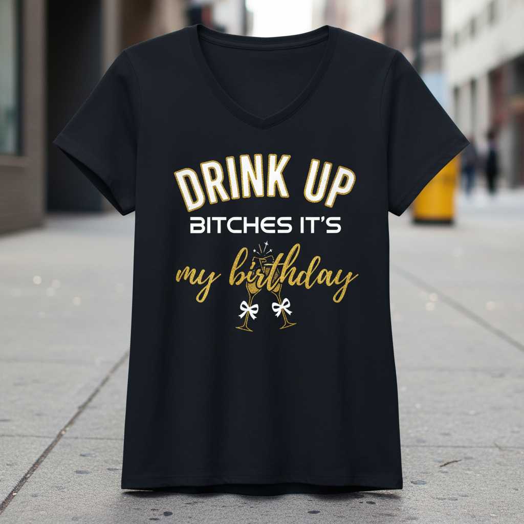 Drink Up Bitches It’s My Birthday Graphic T-Shirt Tee Novelty Party Gift
