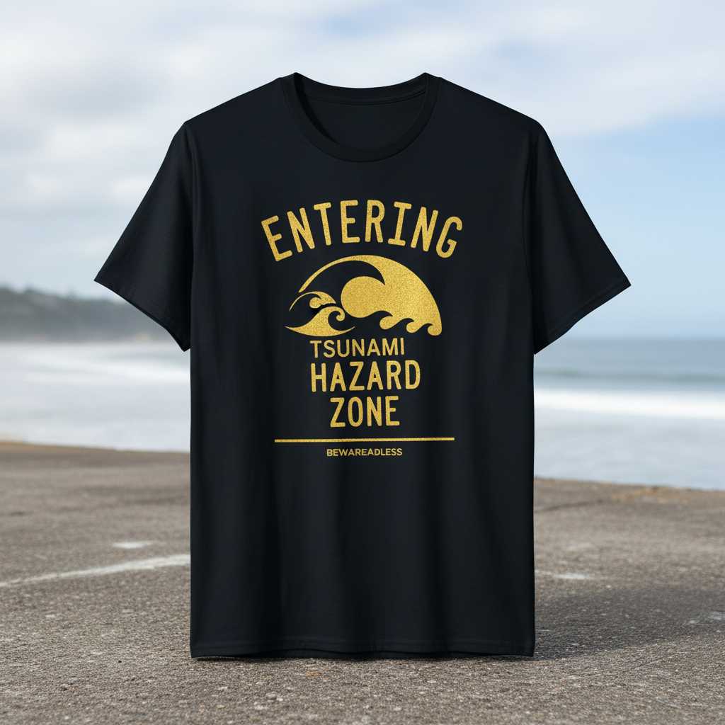 Entering Tsunami Hazard Zone Graphic T-Shirt Tee Novelty Unisex Surf Wear Gift