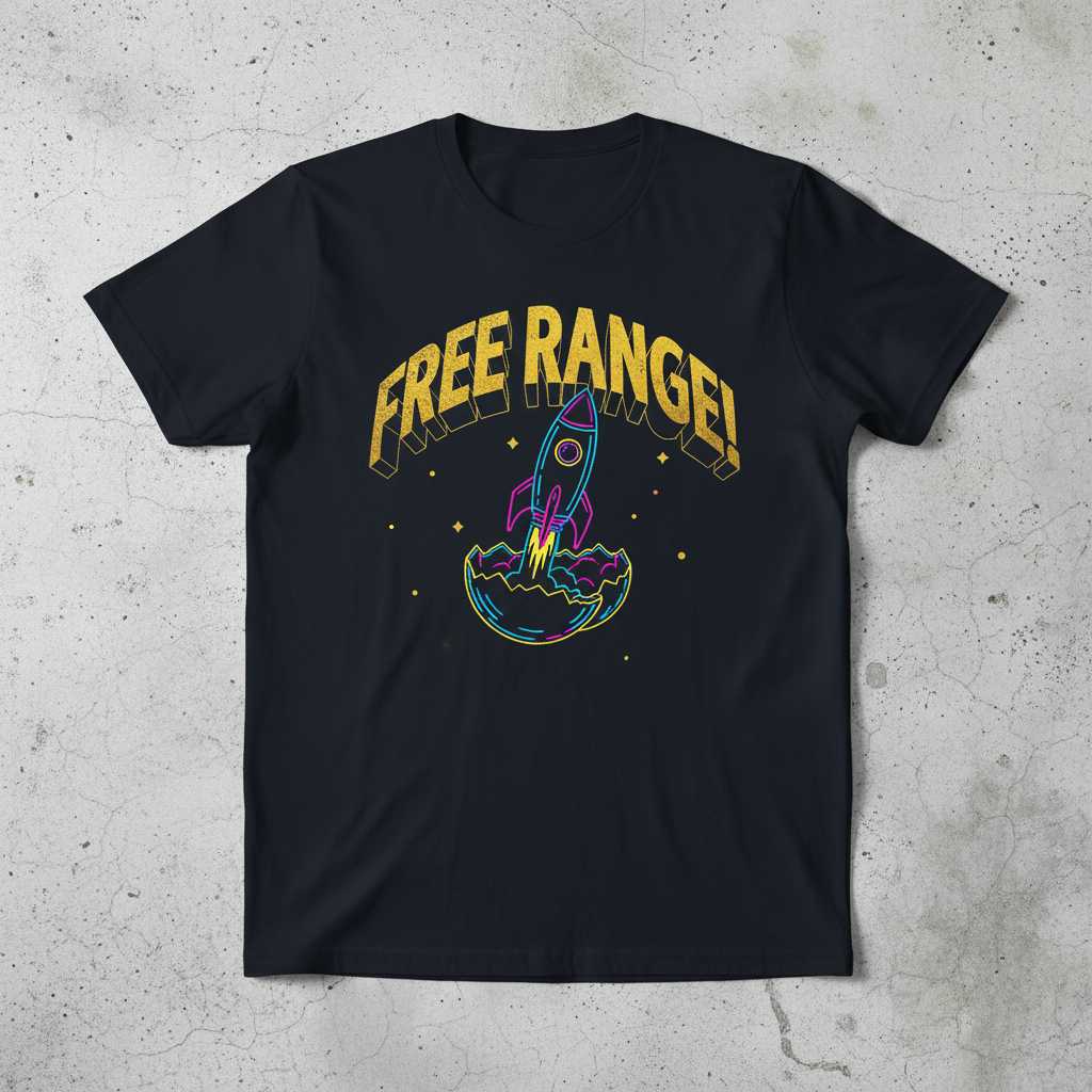 FREE RANGE Rocket Chicken Space Graphic T-Shirt Novelty Tee Gift for Fan