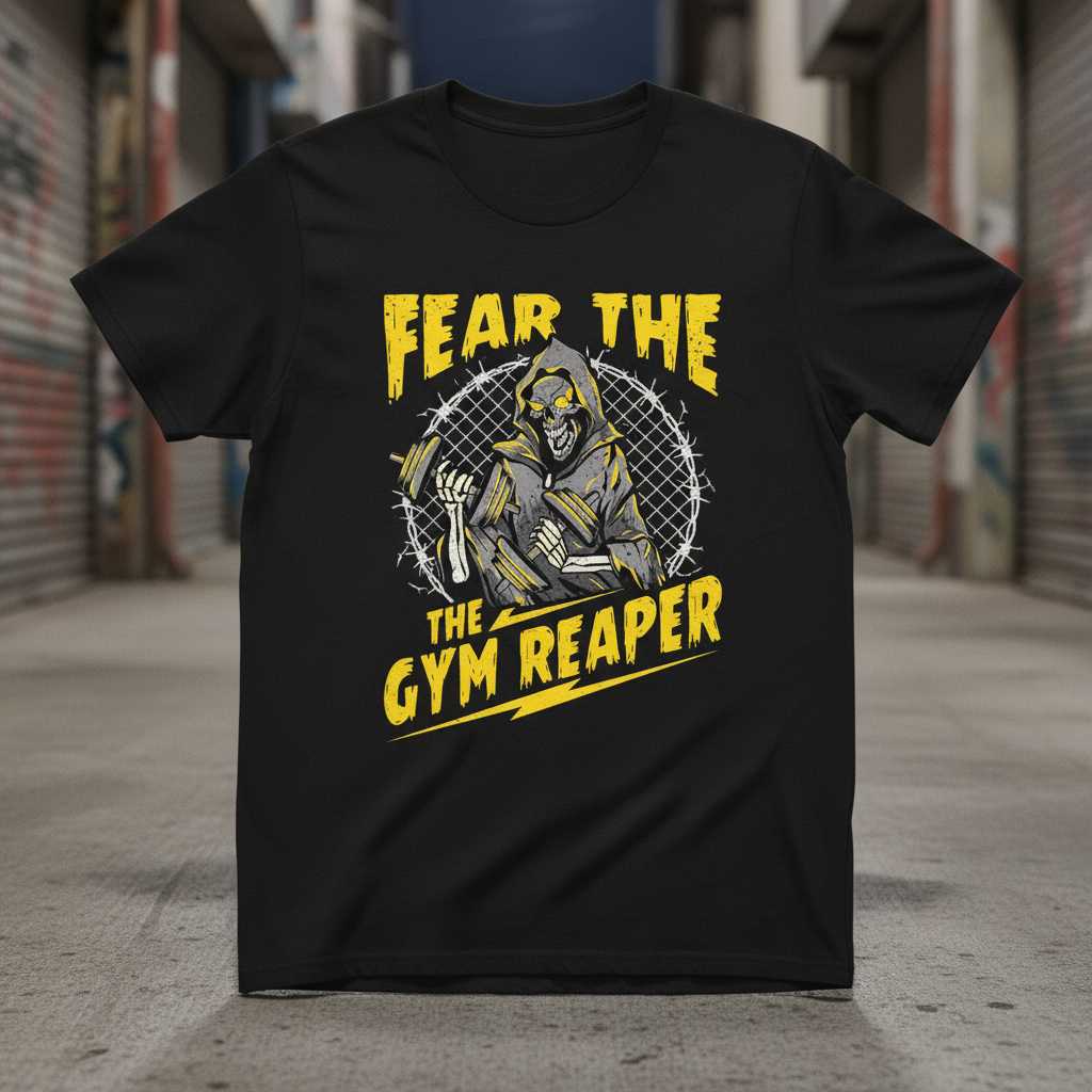 Fear The Gym Reaper Graphic T-Shirt Tee Novelty Workout Clothing Gift Idea