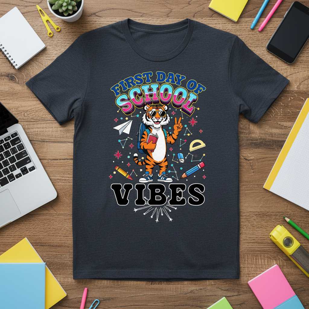 First Day Of School Vibes Tiger Graphic T-Shirt Tee Novelty Unisex Gift Outfit