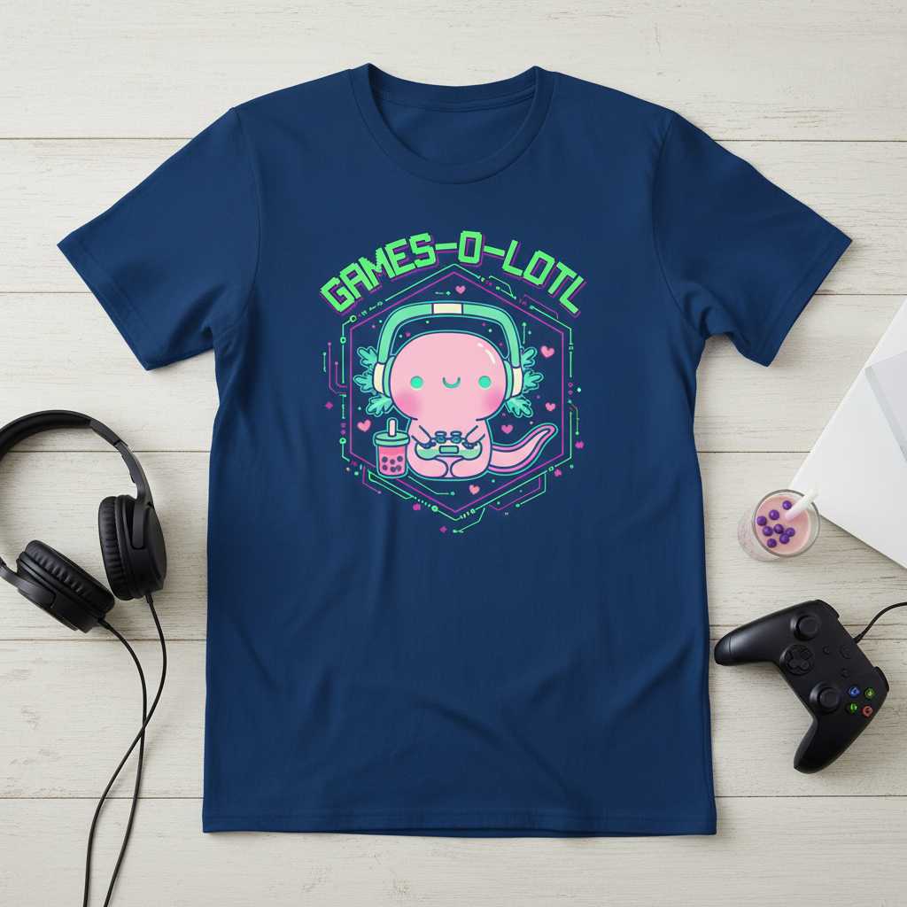 GAMES-O-LOTL Cute Axolotl Gamer Graphic T-Shirt Novelty Tee Gift for Enthusiasts