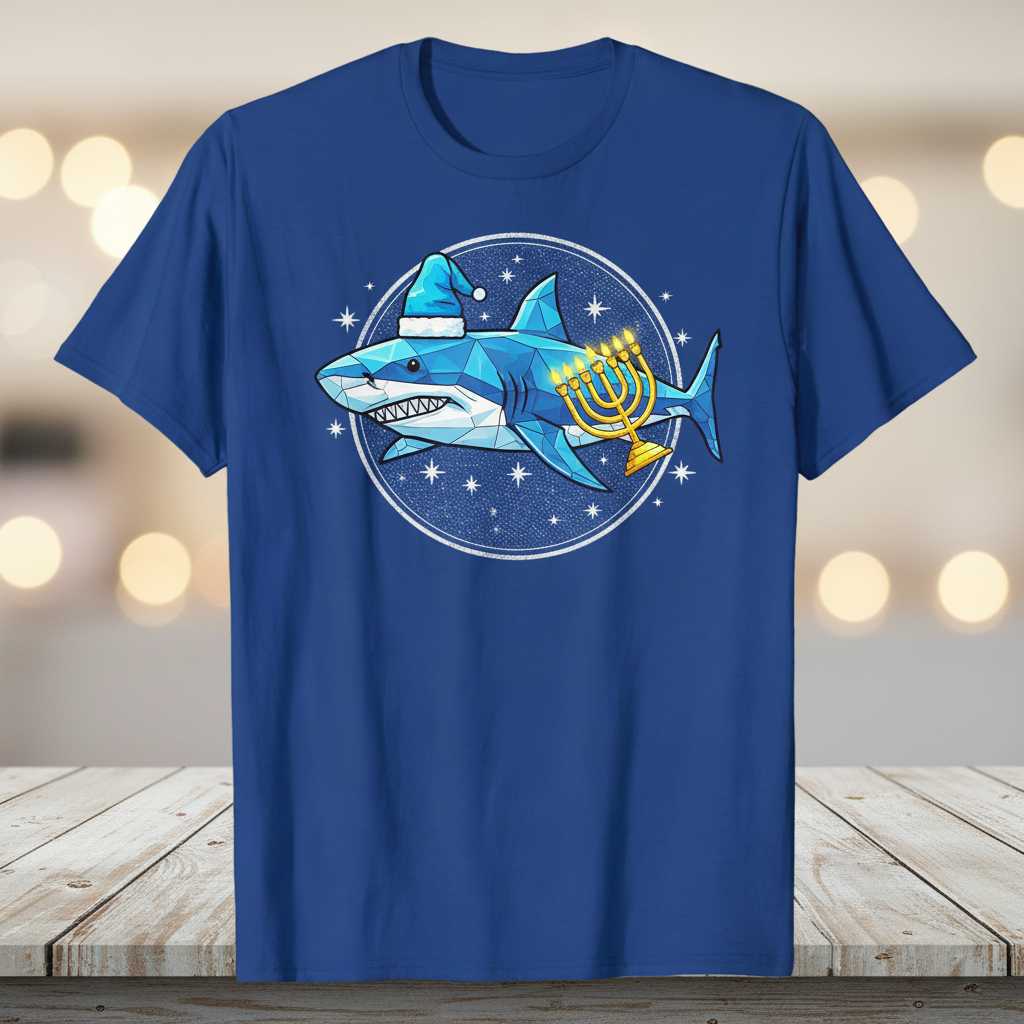 Geometric Shark Menorah Hanukkah Graphic T-Shirt Novelty Chanukah Tee Gift Idea