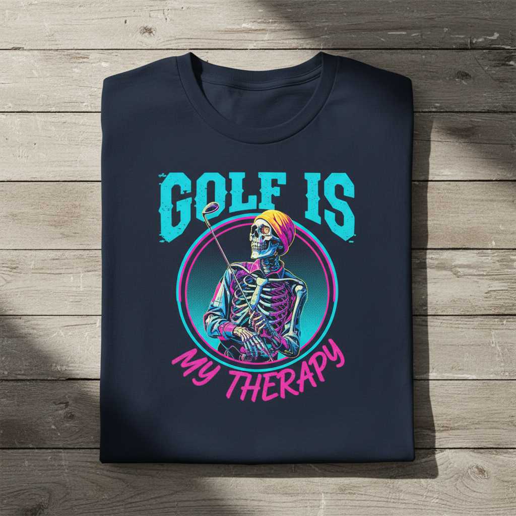 Golf Is My Therapy Skeleton Graphic T-Shirt Tee Novelty Golf Fan Merch Gift