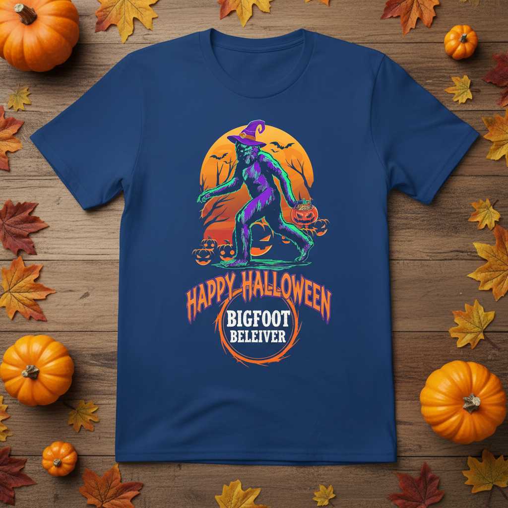 Happy Halloween Bigfoot Believer T-Shirt Graphic Tee Novelty Gift for Sasquatch Fan