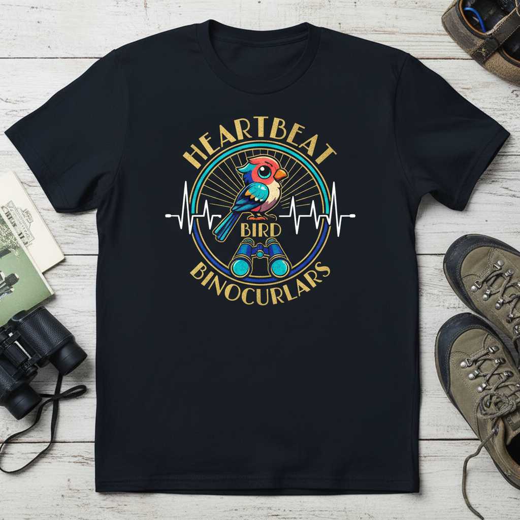 Heartbeat Bird Binoculars Graphic T-Shirt Tee Gift for Birdwatching Enthusiasts