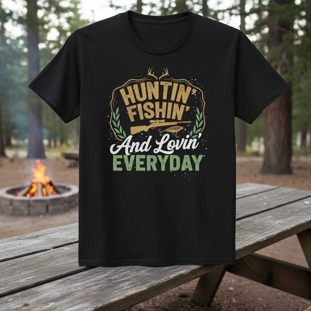 Huntin Fishin And Lovin Everyday Graphic T-Shirt Tee Gift for Outdoor Enthusiasts