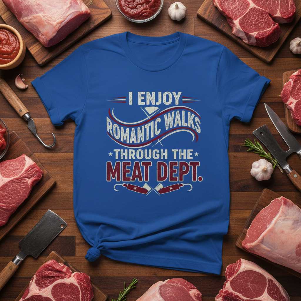 I Enjoy Romantic Walks Through The Meat Dept. Funny BBQ Graphic T-Shirt Tee Gift
