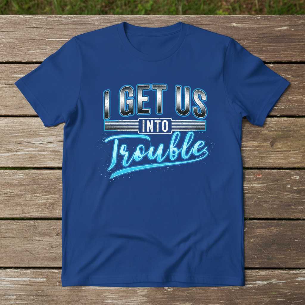 I Get Us Into Trouble Graphic T-Shirt Tee Novelty Unisex Gift Idea for Friends