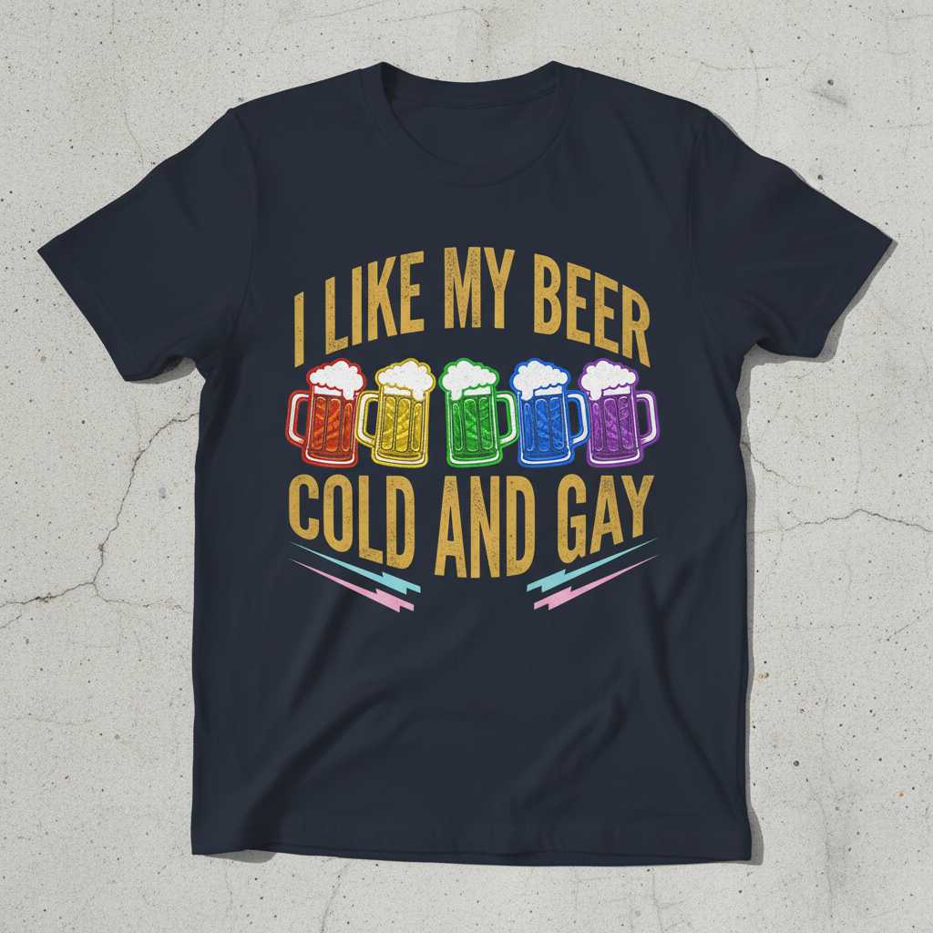 I Like My Beer Cold And Gay Vintage Graphic T-Shirt Tee Pride Gift Idea