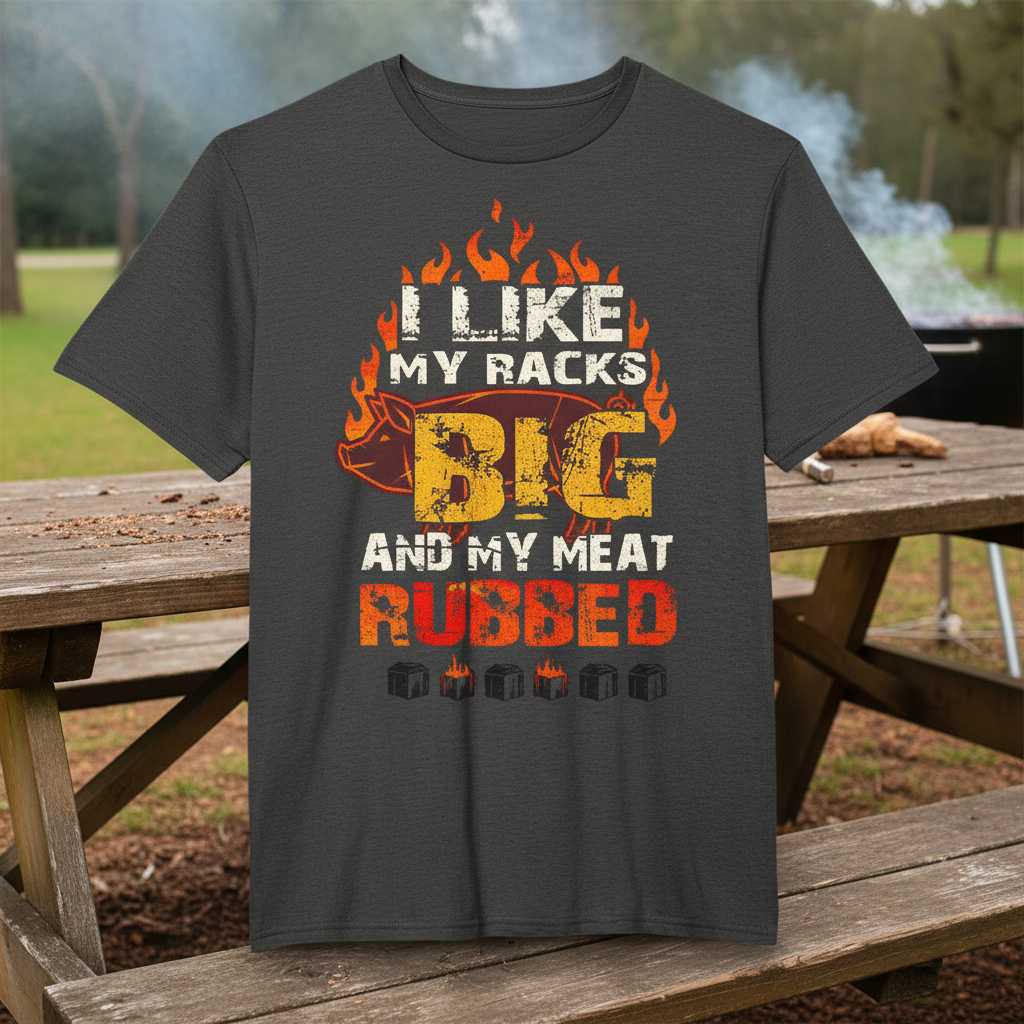 I Like My Racks Big And My Meat Rubbed Funny BBQ Graphic T-Shirt Tee Gift