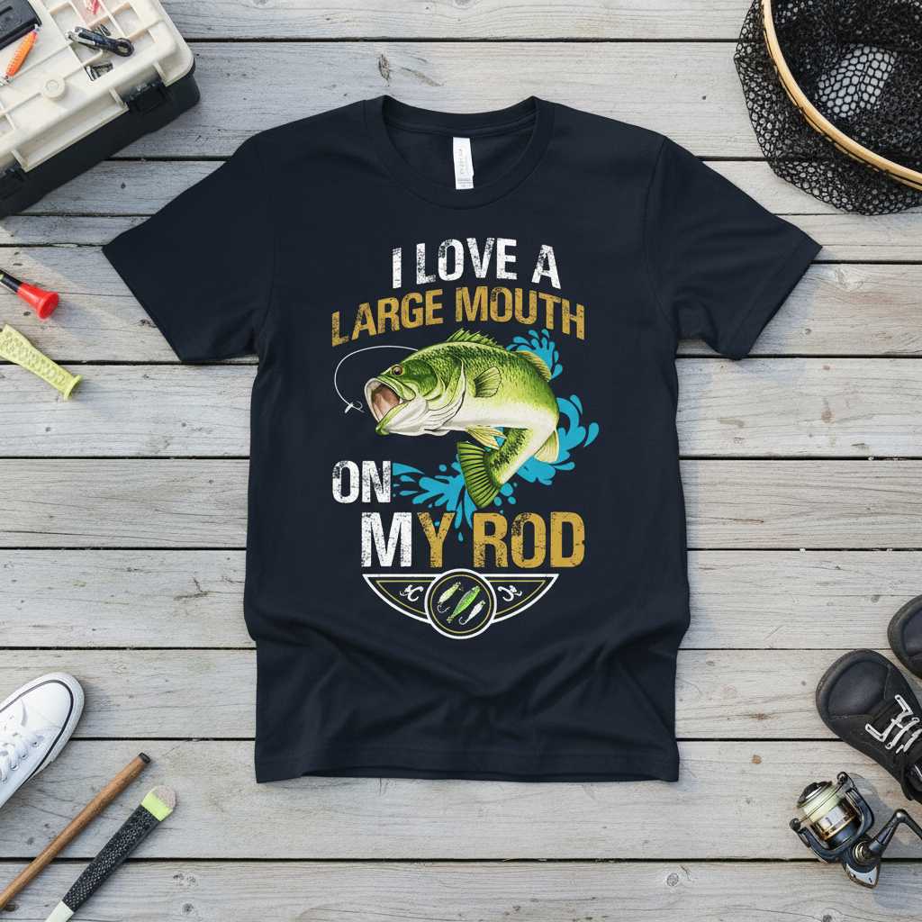 I Love A Large Mouth On My Rod Graphic T-Shirt Tee Fishing Lover Novelty Gift