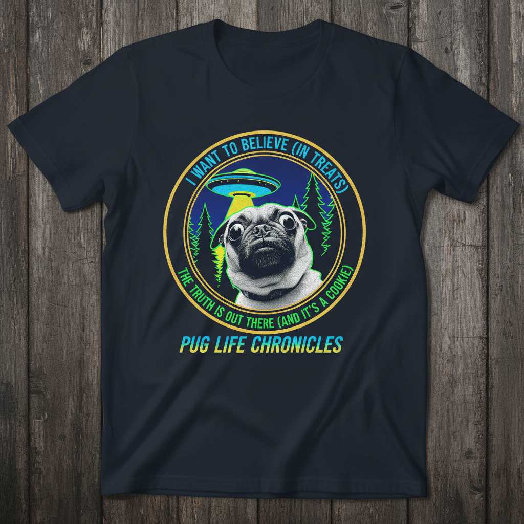 I Want To Believe In Treats Pug Life Chronicles UFO Graphic T-Shirt Novelty Tee Gift