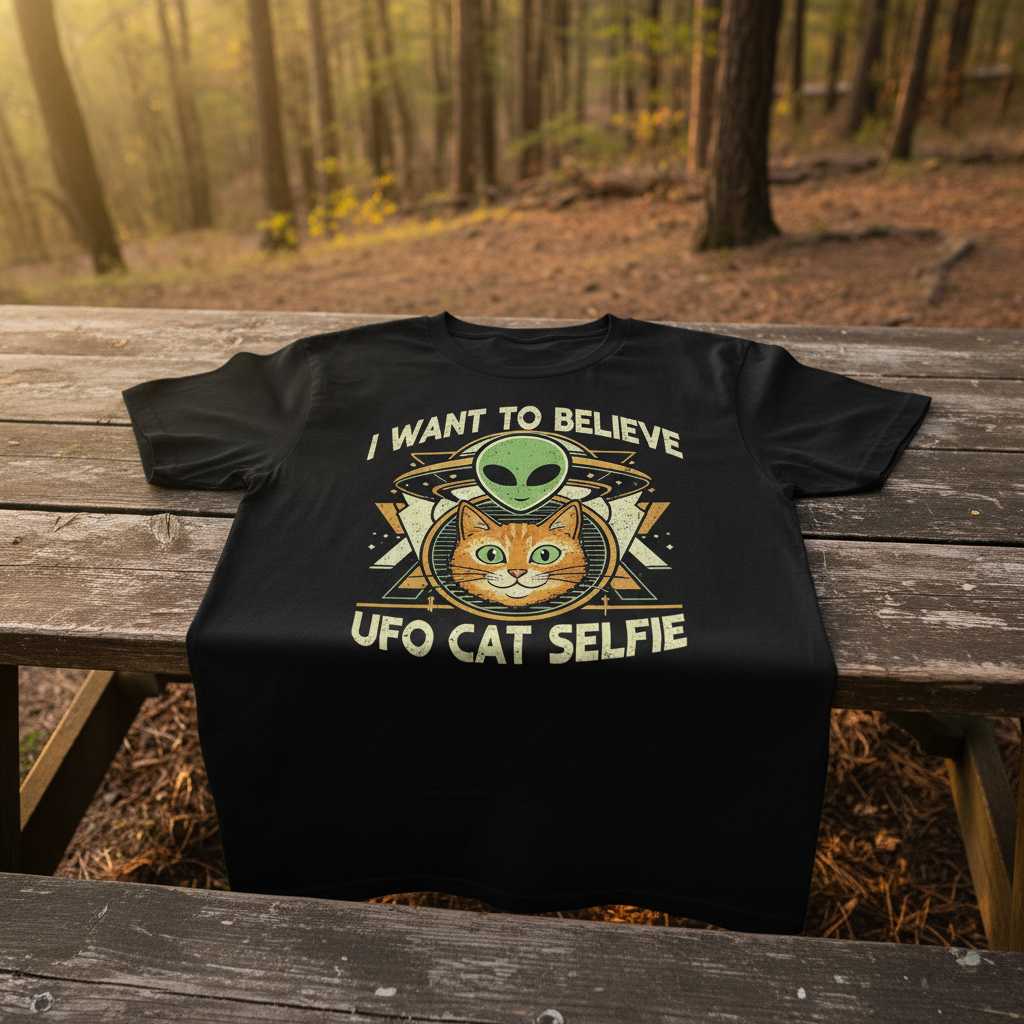 I Want To Believe UFO Cat Selfie Graphic T-Shirt Alien Lover Novelty Tee Gift