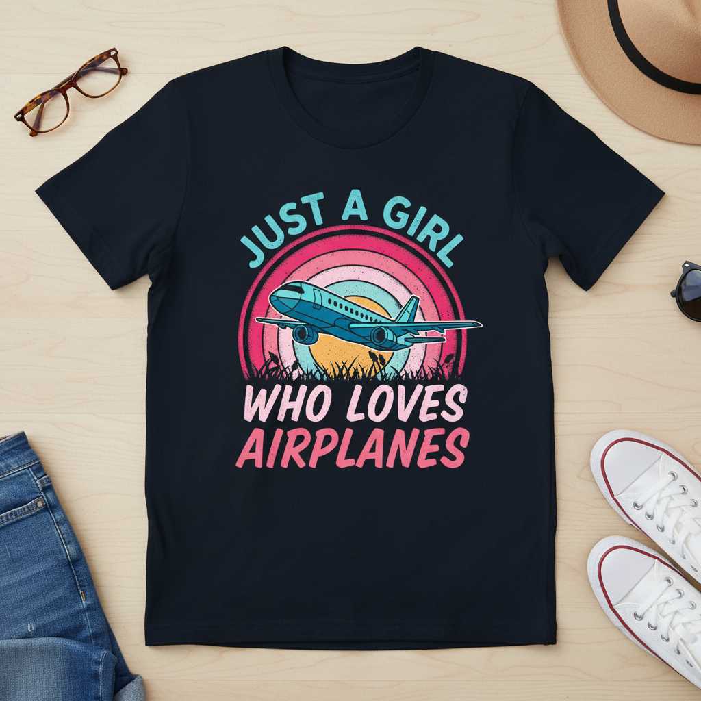 Just A Girl Who Loves Airplanes Retro Graphic T-Shirt Tee Gift for Aviation Lovers