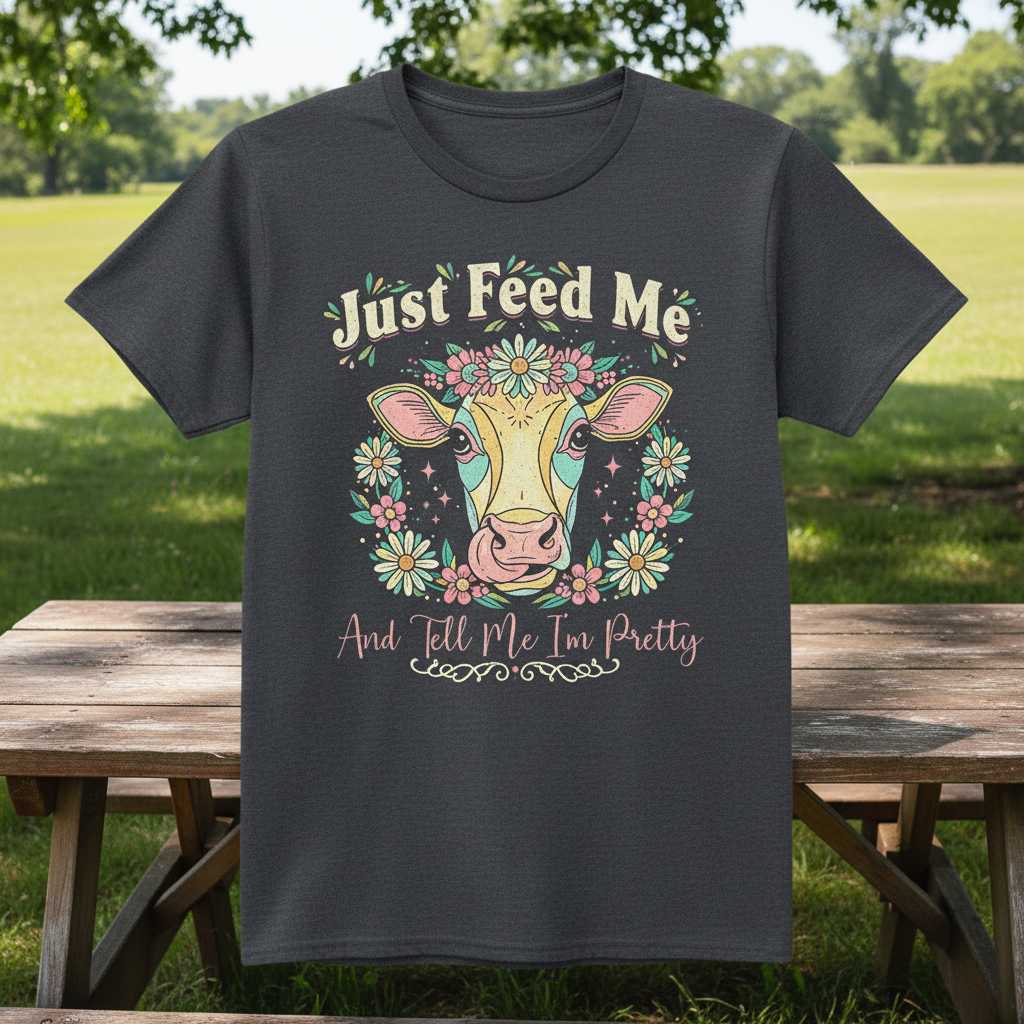 Just Feed Me And Tell Me Im Pretty Cow Graphic T-Shirt Novelty Tee Gift Idea