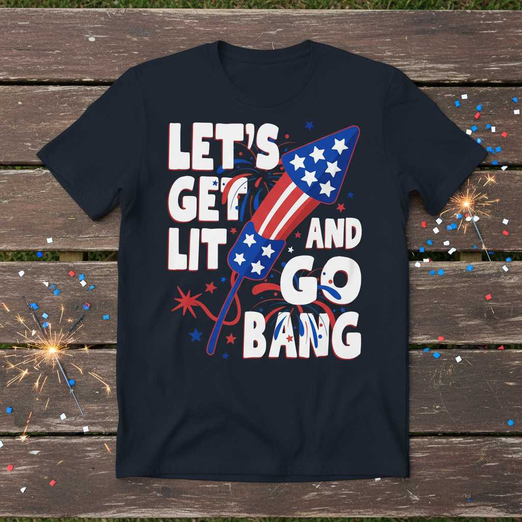 Lets Get Lit And Go Bang Funny 4th of July T-Shirt Patriotic Firework Tee