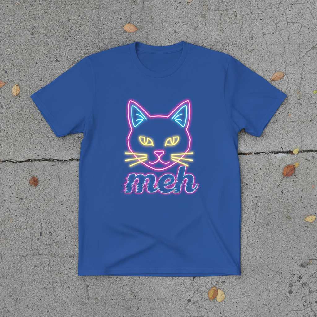 Meh Cat Neon Graphic T-Shirt Tee Novelty Unisex Top for Cat Lovers Gift Idea