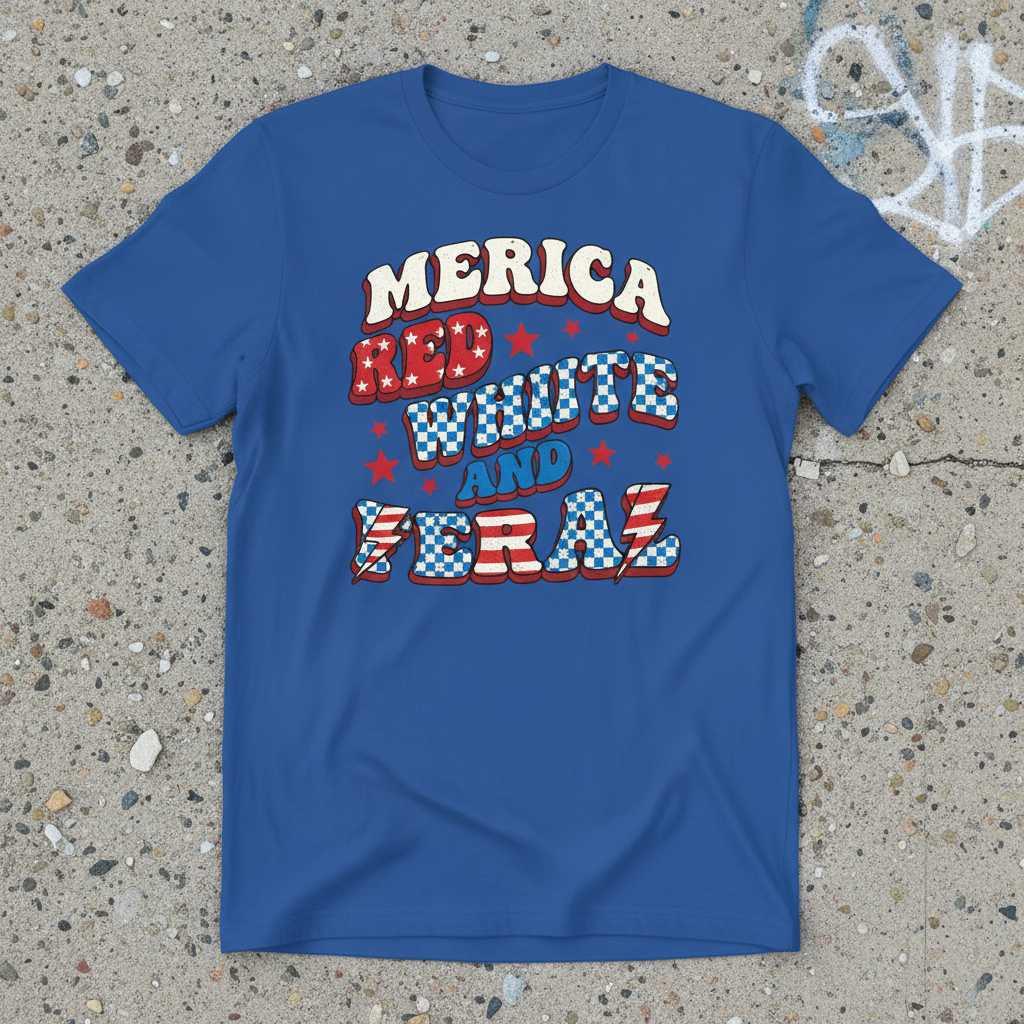 Merica Red White And Feral Graphic T-Shirt Retro Patriotic Tee Gift Idea