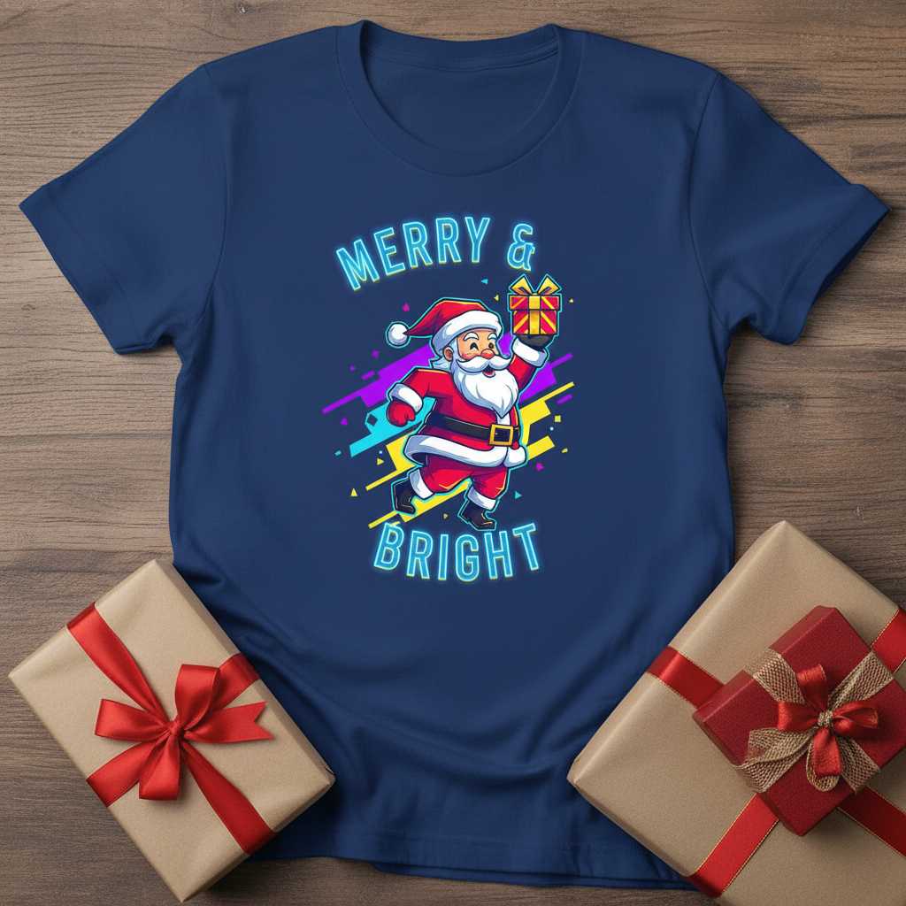 Merry & Bright Santa Graphic T-Shirt Xmas Tee Novelty Holiday Gift Idea