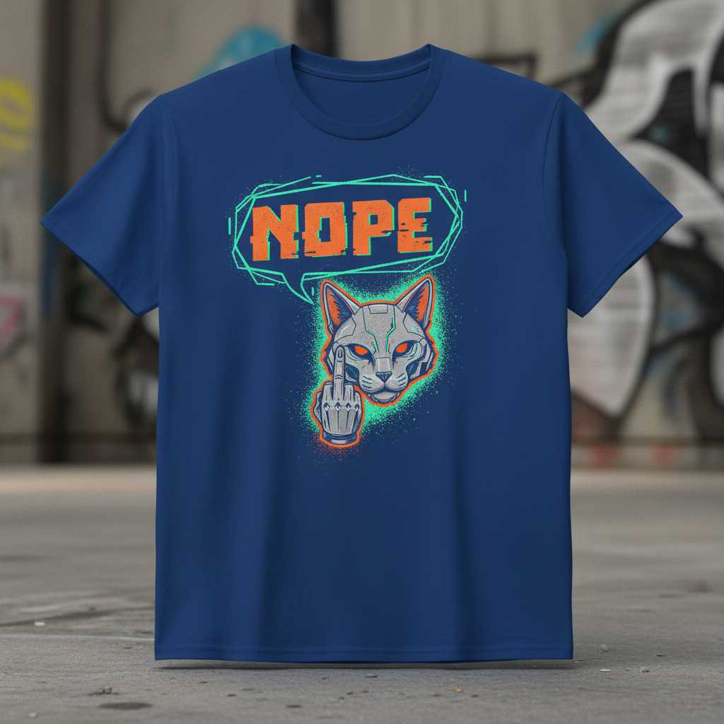 NOPE Cyberpunk Cat Graphic T-Shirt Tee Novelty Unisex Top Gift for Cat Lovers