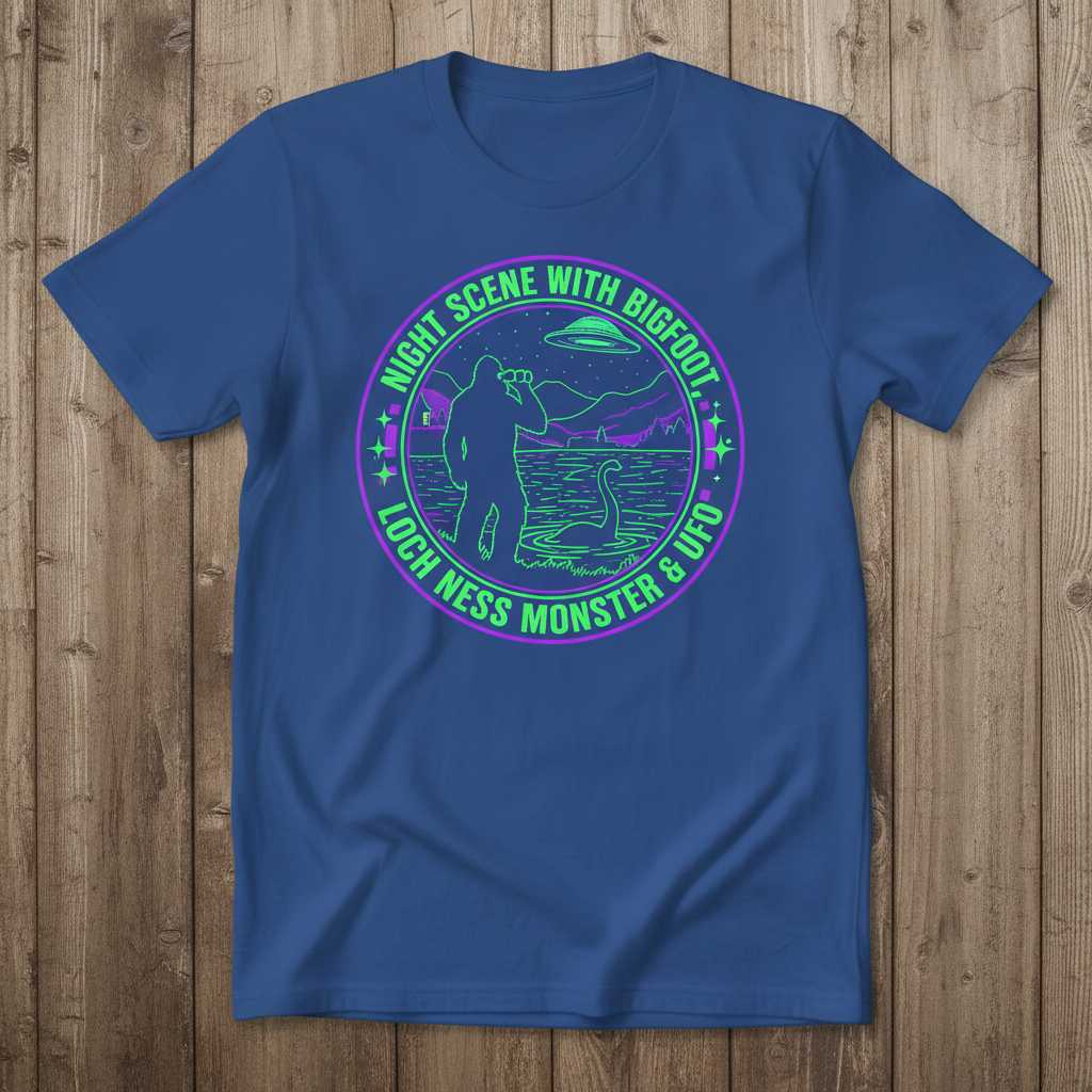 Night Scene With Bigfoot Loch Ness Monster & UFO Graphic T-Shirt Novelty Tee