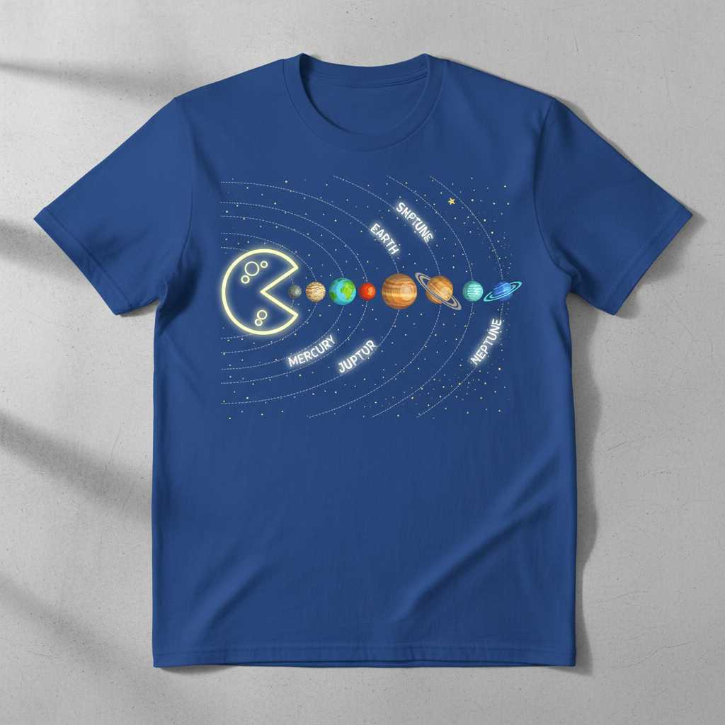 Pacman Planets Solar System Graphic T-Shirt Retro Gamer Astronomy Tee Gift Idea