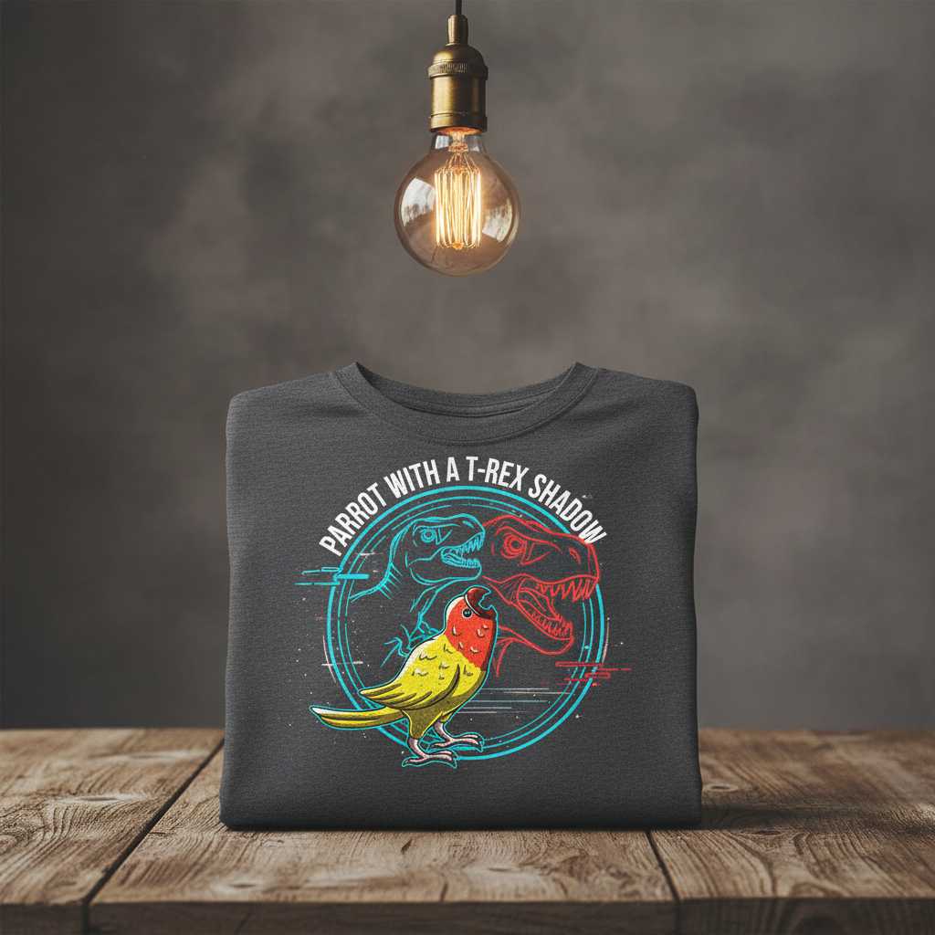 Parrot With A T-Rex Shadow Graphic T-Shirt Novelty Tee Gift for Dinosaur Fans