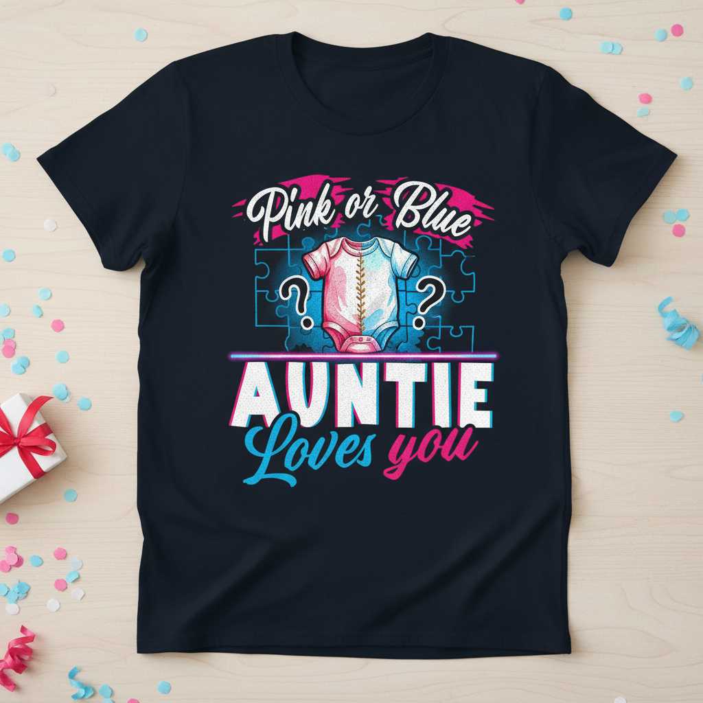 Pink or Blue Auntie Loves You Graphic T-Shirt Tee Gender Reveal Party Outfit Gift