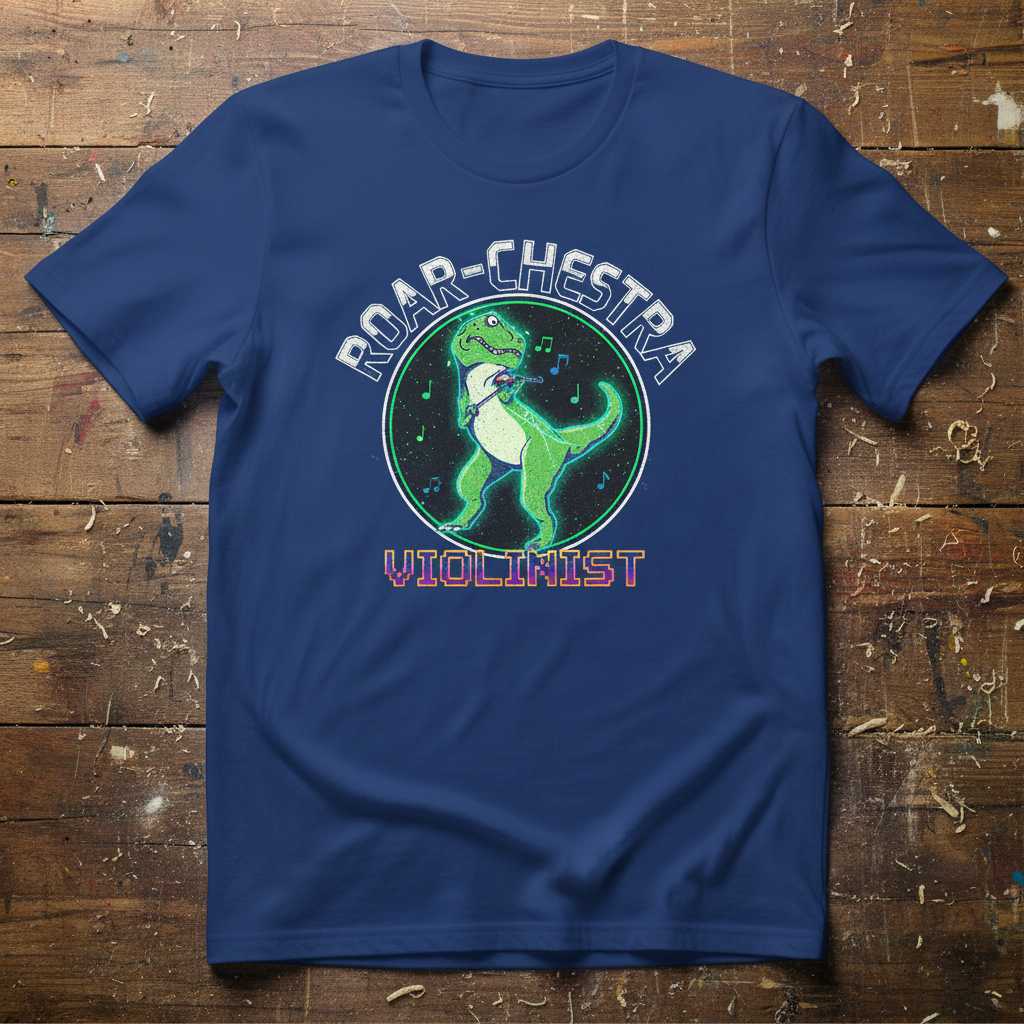ROAR-Chestra Violinist Funny Dinosaur Graphic T-Shirt Novelty Tee Gift for Music Lovers
