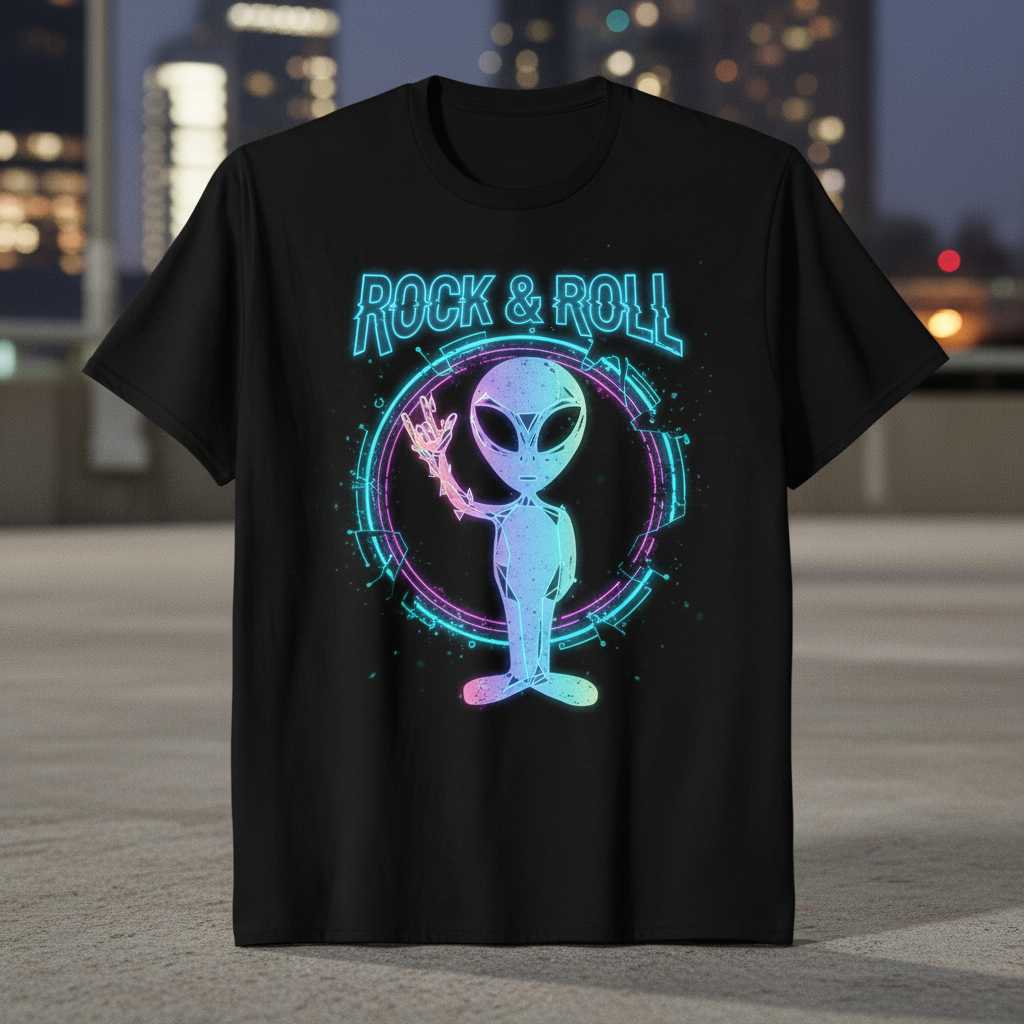 Rock & Roll Alien Graphic T-Shirt Retro Neon Tee Novelty Top Gift for Music Fans