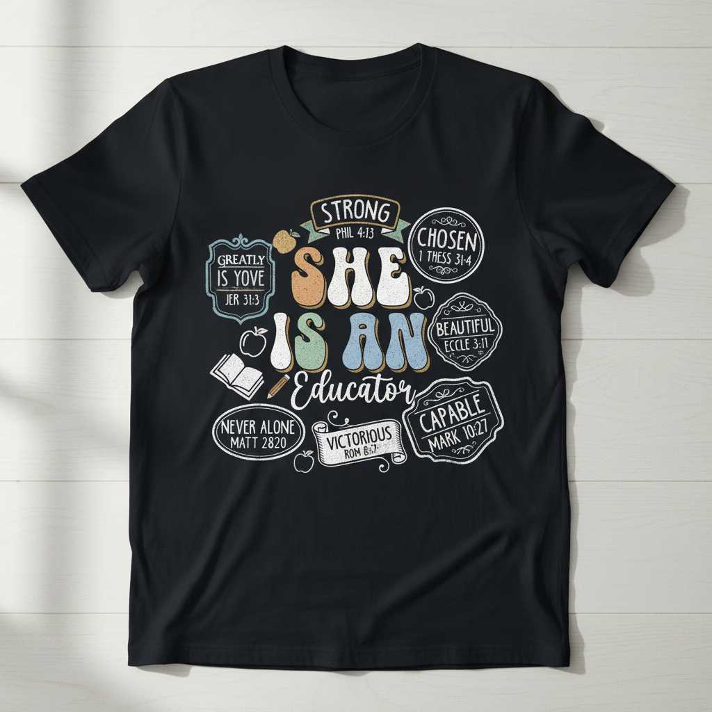 She Is An Educator Christian Bible Verse Graphic T-Shirt Tee Gift for Teacher Fans