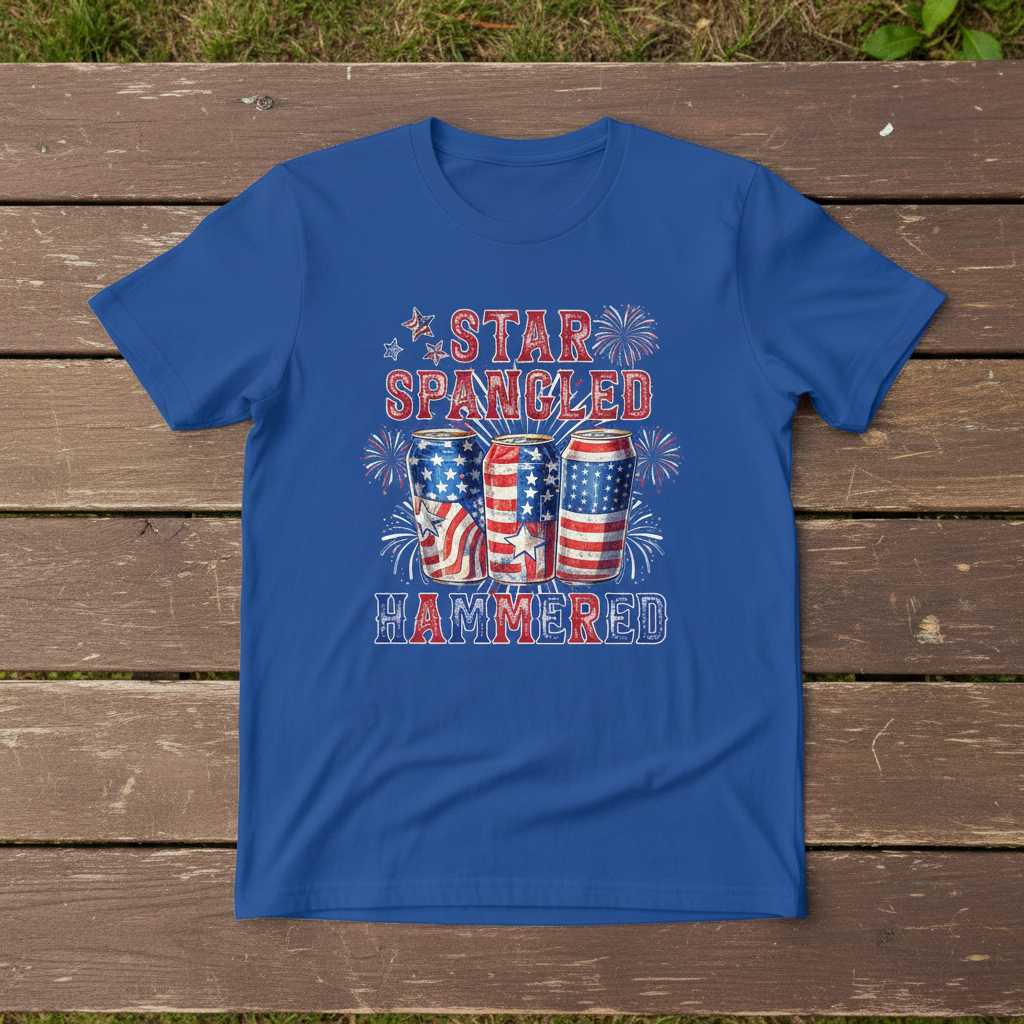 Star Spangled Hammered Graphic T-Shirt Tee Novelty 4th of July Beer Lover Gift