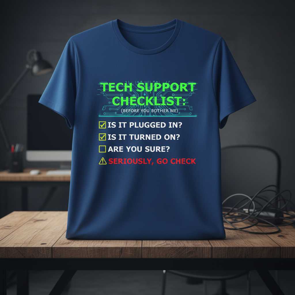Tech Support Checklist Is It Plugged In Humorous Graphic T-Shirt Novelty Tee Gift