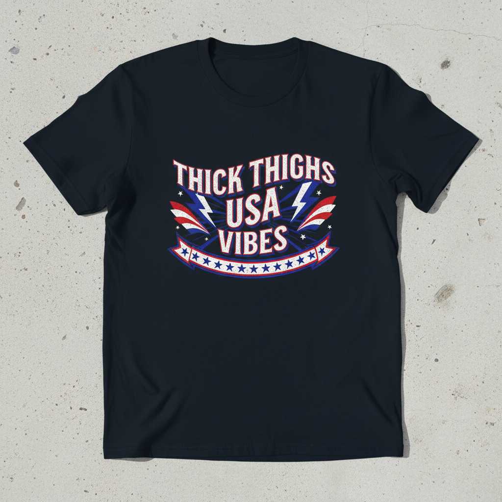 Thick Thighs USA Vibes Graphic T-Shirt Patriotic Tee Novelty Clothing Gift