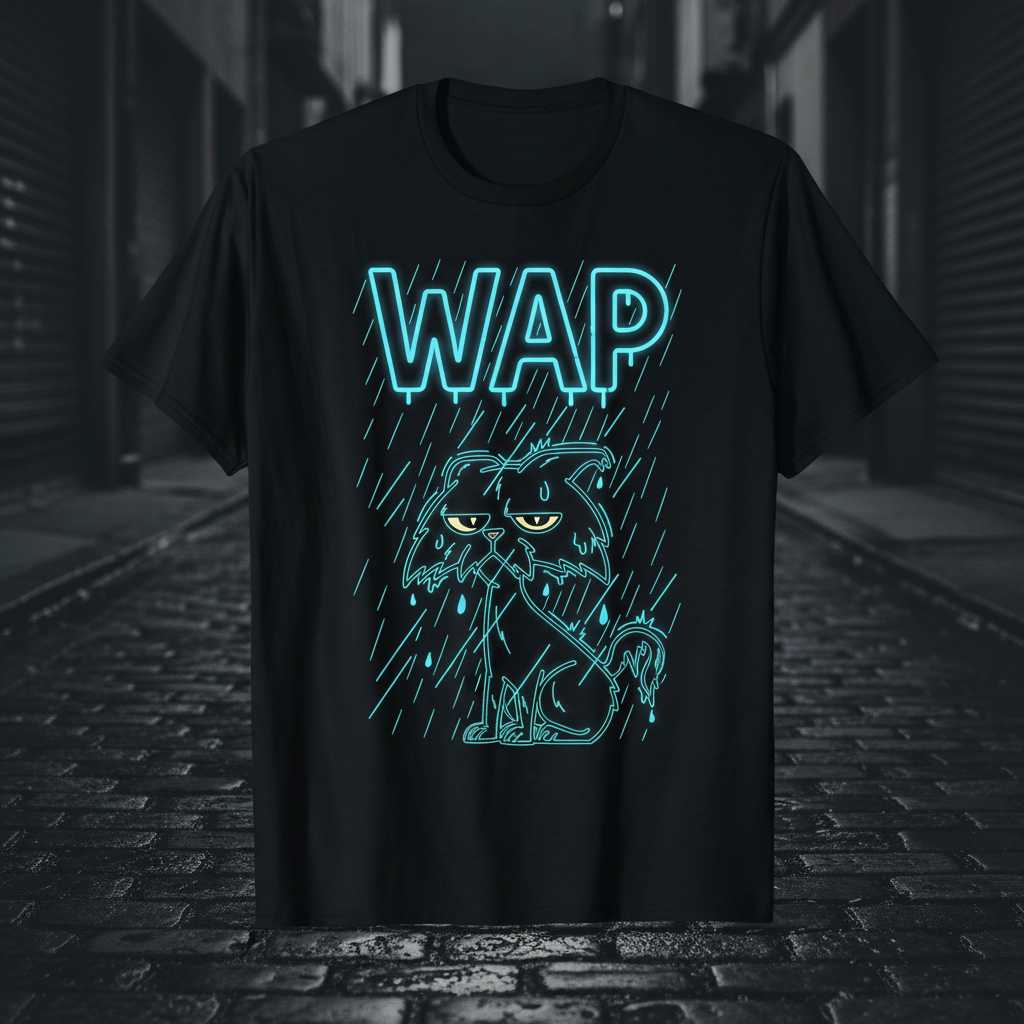 WAP Wet Cat Graphic T-Shirt Funny Novelty Tee Gift Idea for Cat Lovers