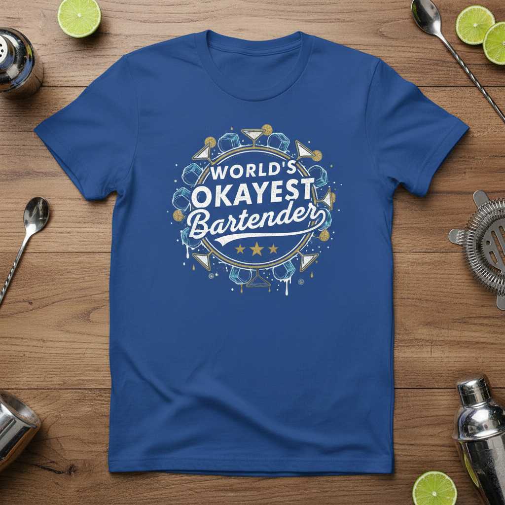 Worlds Okayest Bartender Graphic T-Shirt Tee Novelty Gift for Bar Lovers