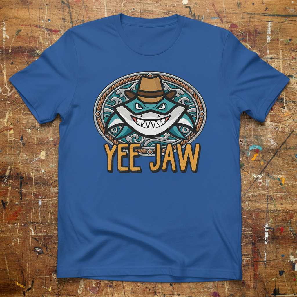 Yee Jaw Funny Shark Cowboy Graphic T-Shirt Novelty Tee Gift Idea for Ocean Fans
