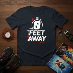 0 Feet Away running t-shirt design with stopwatch graphic and dynamic text for athletes and runners